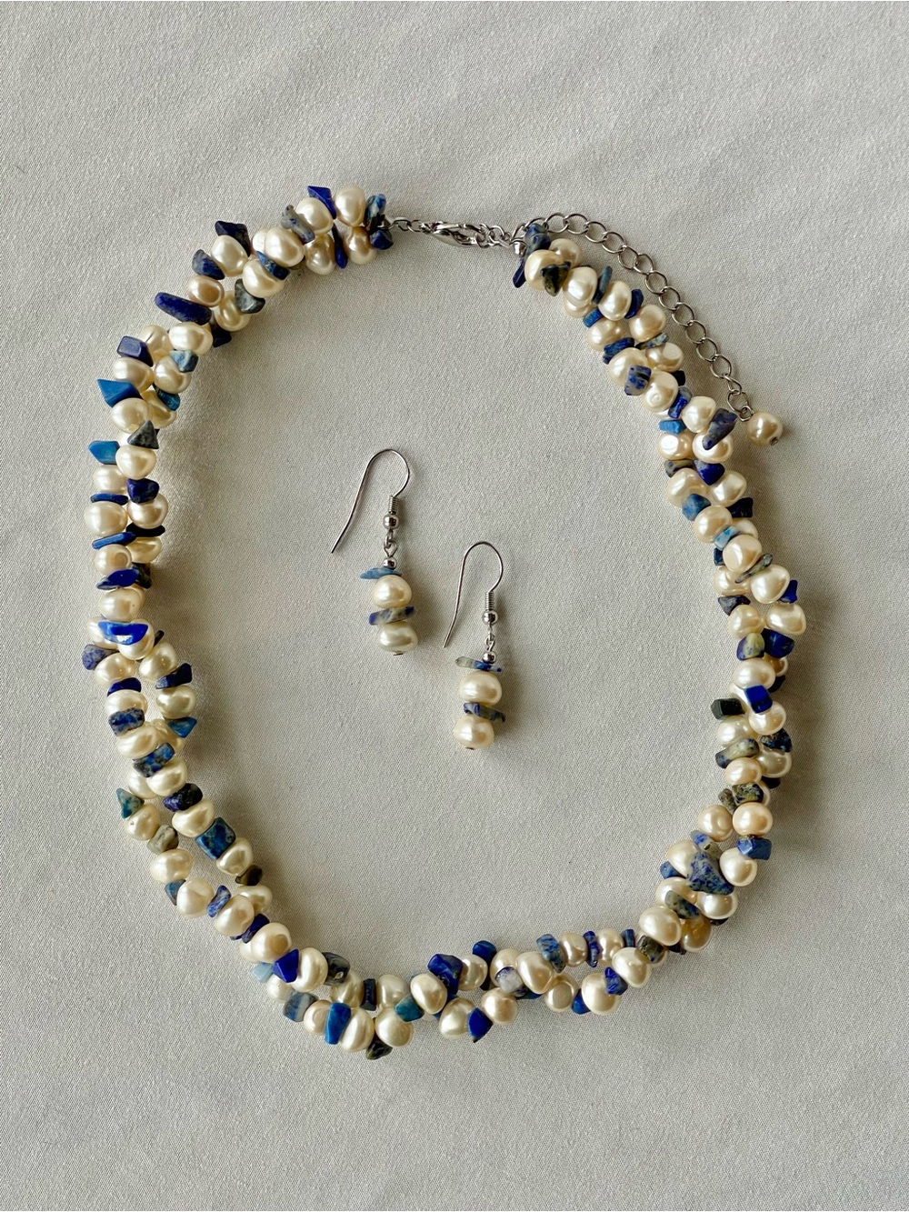 Pearl & Lapis Lazuli Double Strand Necklace & Earrings Set
